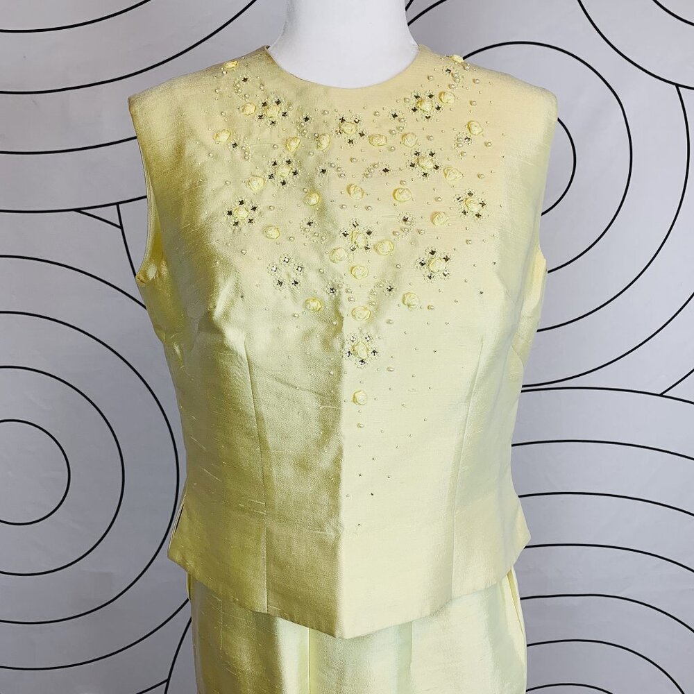 Vintage 60s 3-Piece Slubbed Silk Suit Embellished w/ Rhinestones, Pearls, Sz 14 - Picture 14 of 16